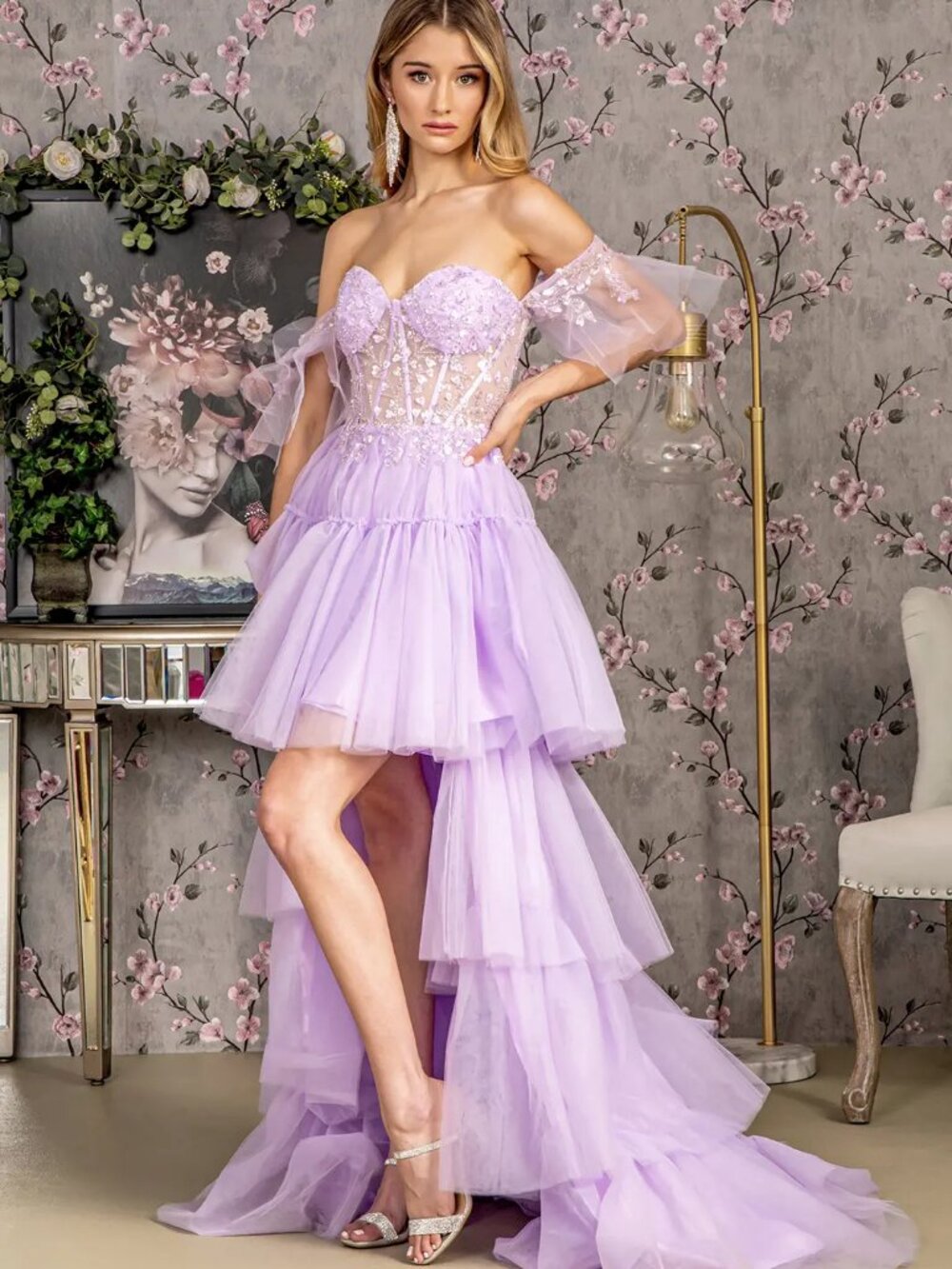 NEW LILAC Mesh Prom Gown Floor Length Formal Elegant Stunning GL3396